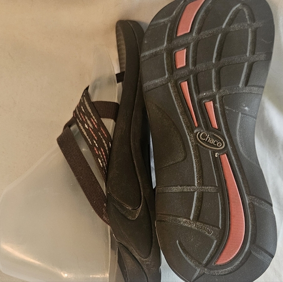 Chaco Sandals Wmn's Sz 6 Hipthong Sporty Strappy Slide Flats Brown& Pink Design - Picture 7 of 8